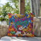 Glow Through The Gloom quote with ghost lantern artwork on an encouraging Halloween throw pillow