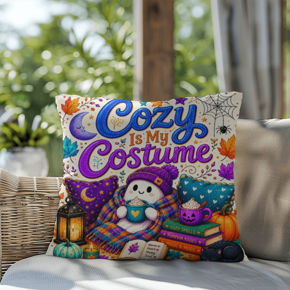 Cozy Is My Costume saying with ghost artwork on a Halloween throw pillow inspired by autumn comfort