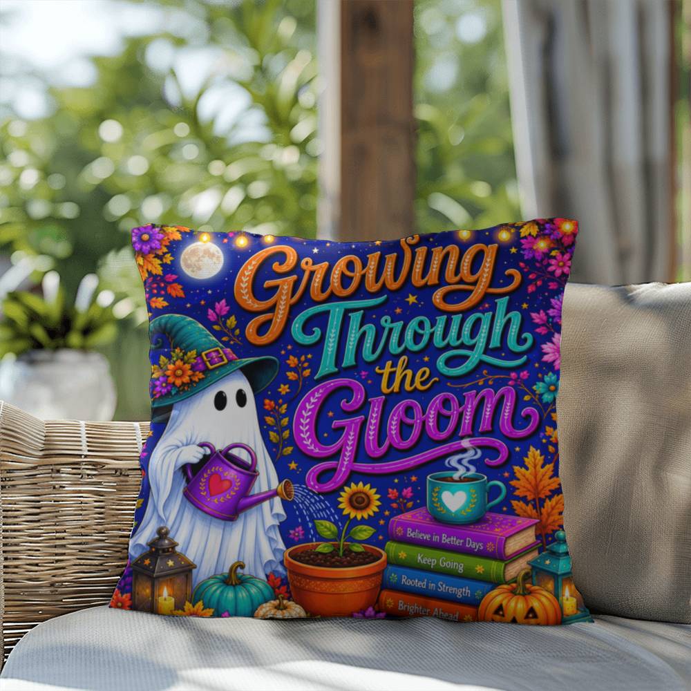Growing Through The Gloom Halloween Throw Pillow - Trauma Recovery Survivor Gift