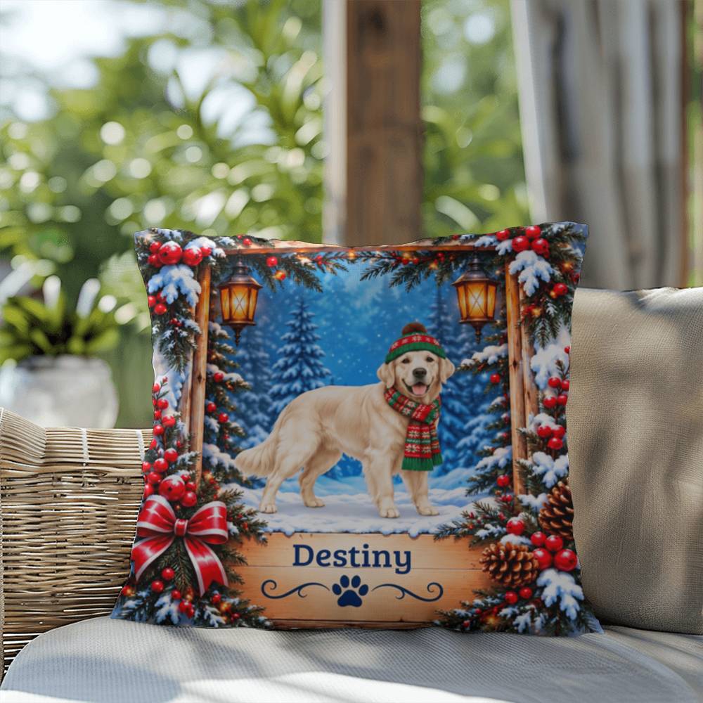Golden Retriever (English Cream Coat) - Personalized Winter Forest Pillow, Custom Dog Name Gift