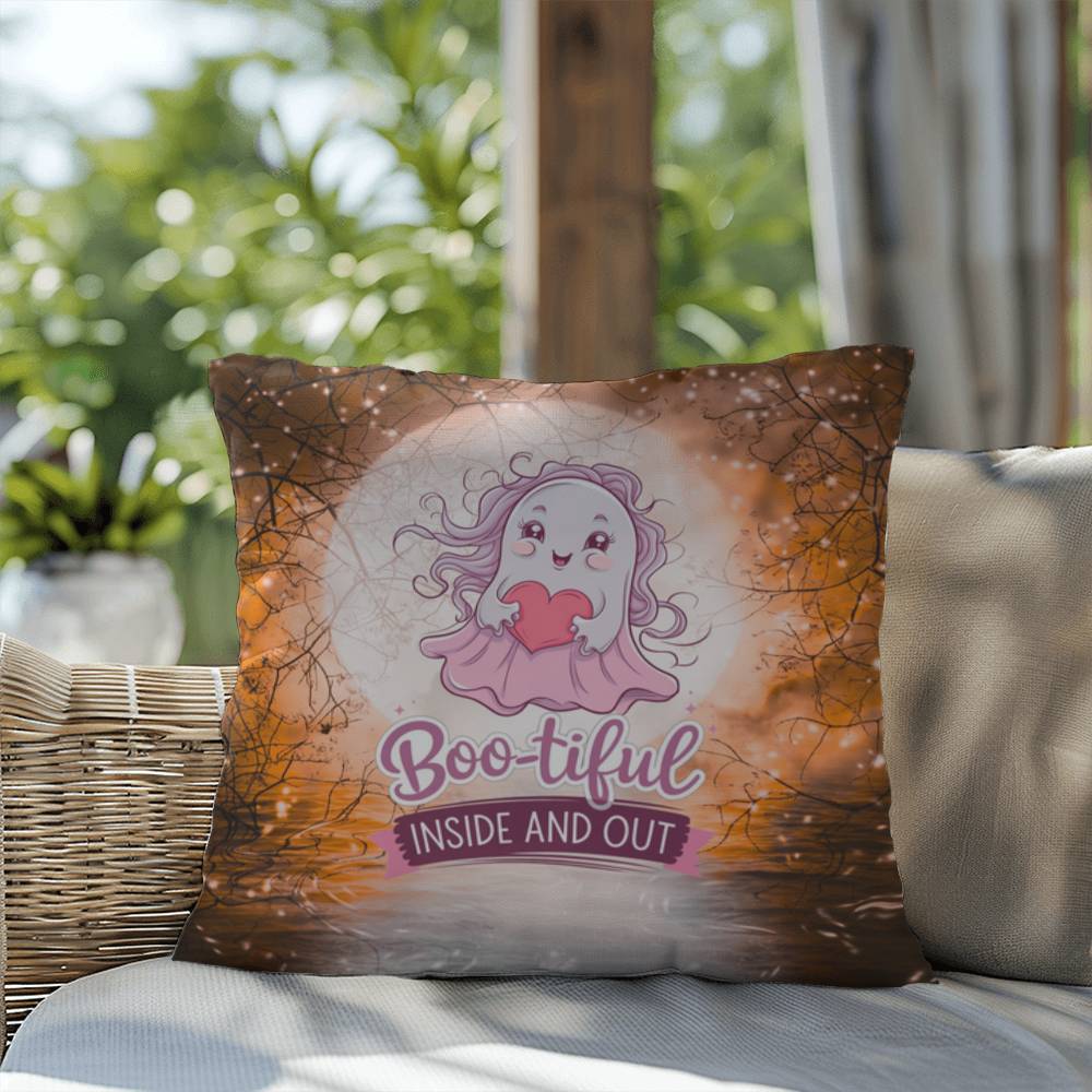 Halloween indoor/outdoor pillow with a cute ghost and “Boo-tiful” for mental health and seasonal charm