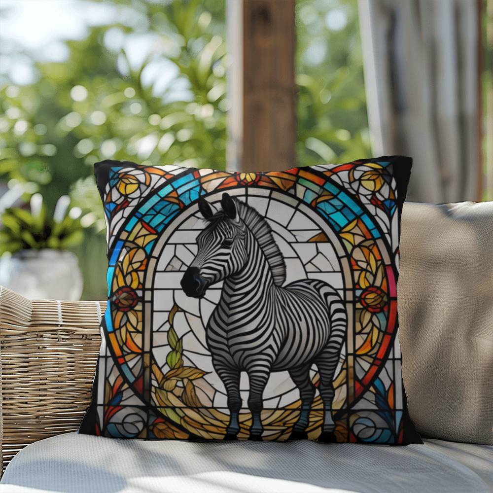 Zebra stained glass throw pillow, safari wildlife home decor, indoor outdoor accent cushion