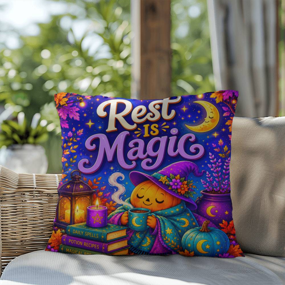 Rest Is Magic Halloween Throw Pillow - Self Care Pumpkin Witch Moon Pillow