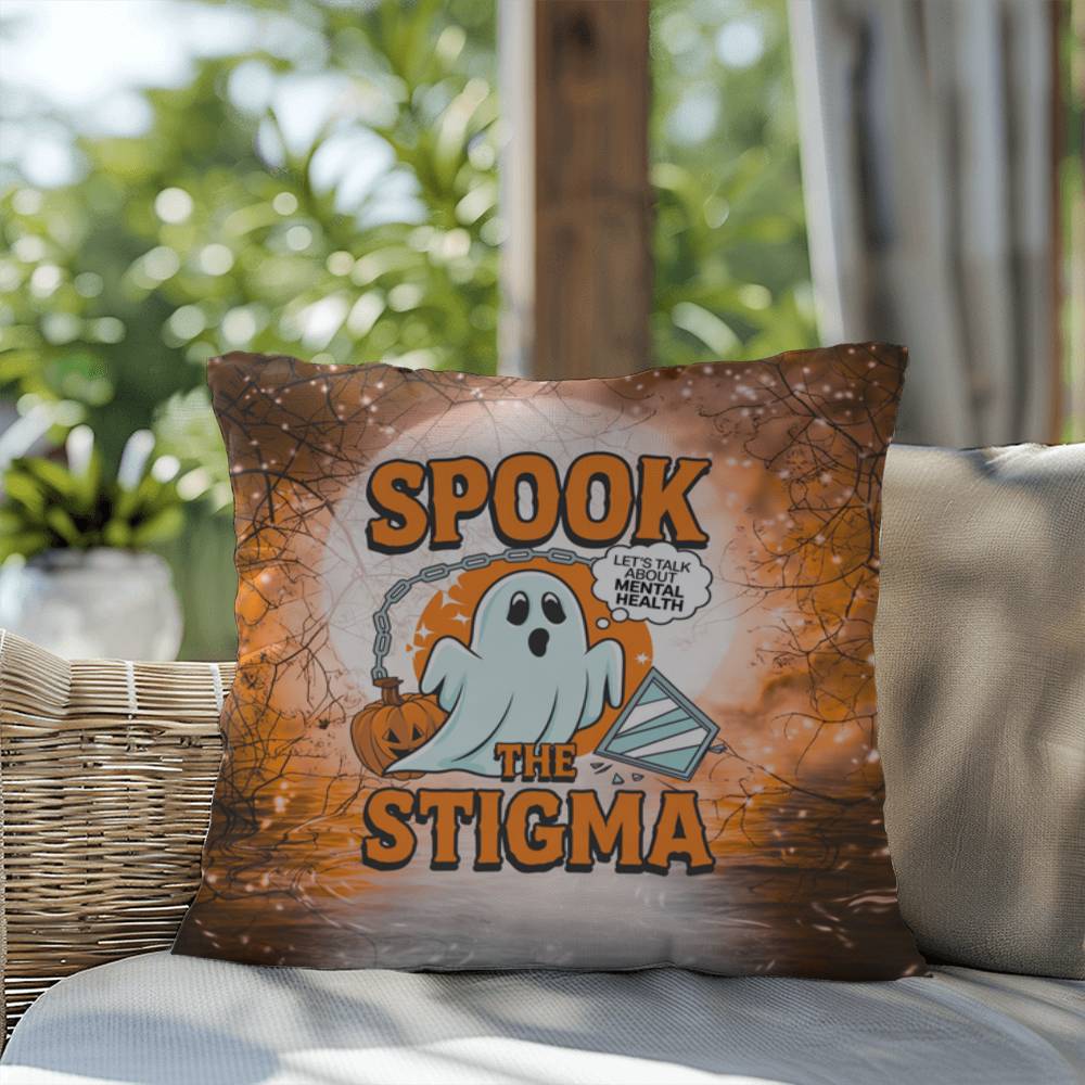 Ghost-themed indoor/outdoor Halloween pillow with “Spook The Stigma” for mental health awareness