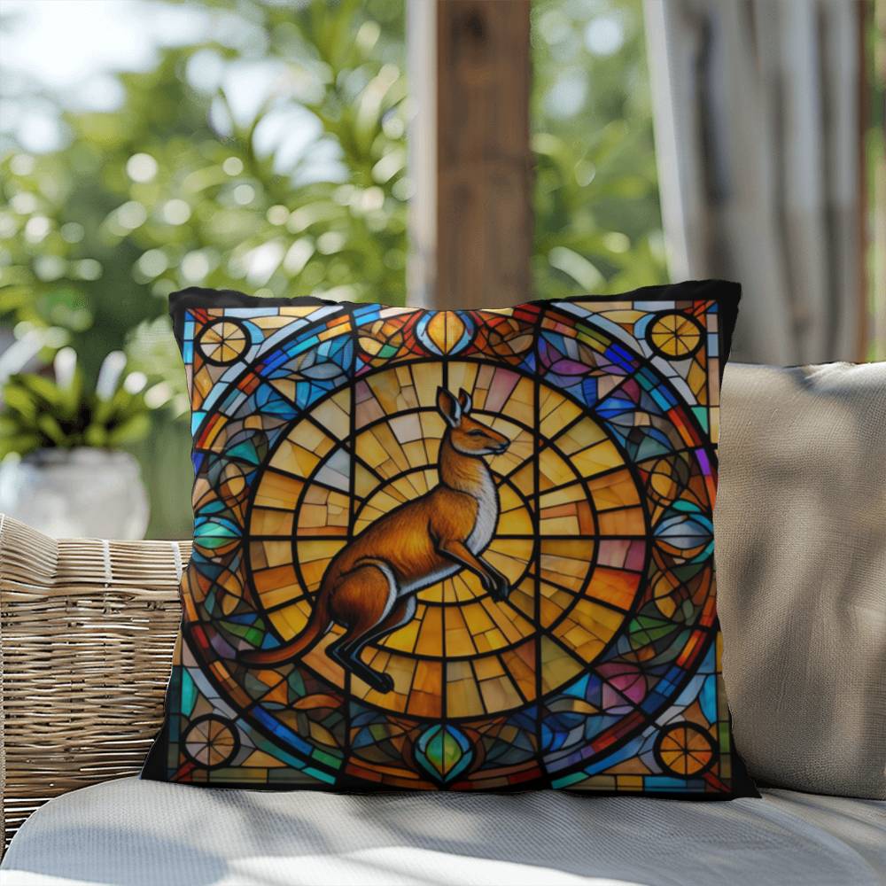 Kangaroo stained glass throw pillow, wildlife animal home decor, indoor outdoor accent pillow