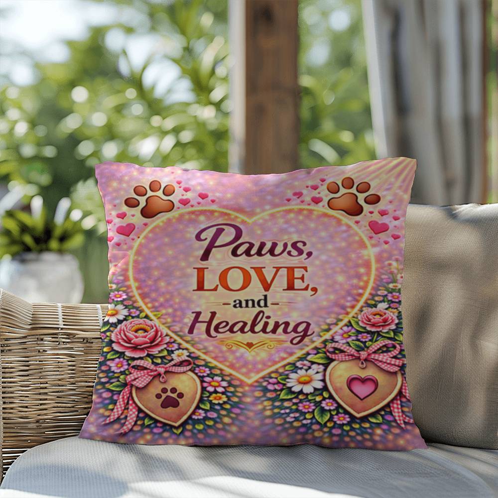 Shop our premium paws love and healing throw pillow from MySisterIsASurvivor.