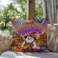 Harvesting Happiness quote with autumn harvest artwork on a Halloween throw pillow promoting gratitude