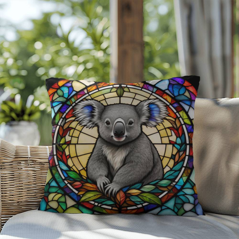 Koala stained glass throw pillow, Australian wildlife decor, indoor outdoor home accent