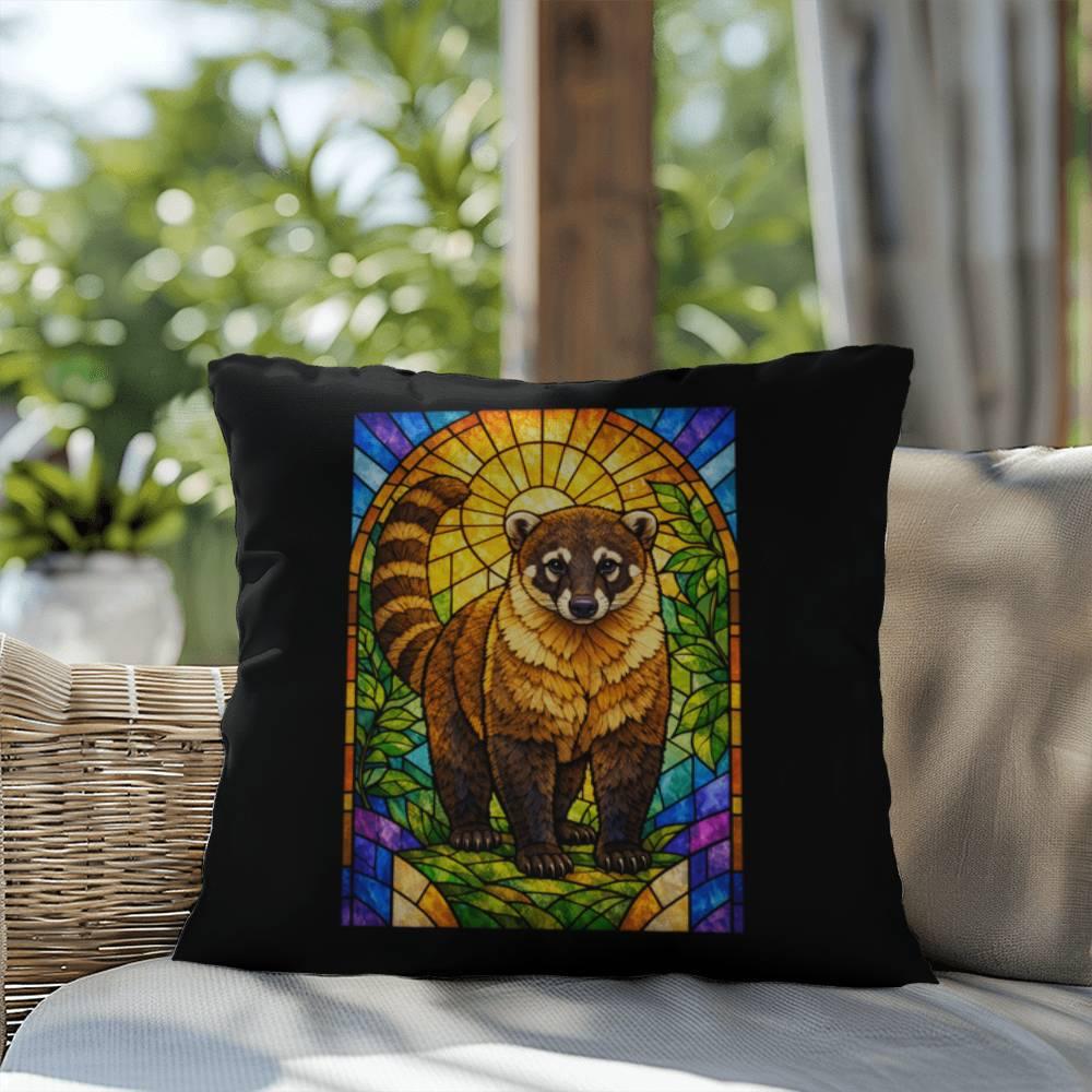 Shop our premium coati stained glass style throw pillow from MySisterIsASurvivor.