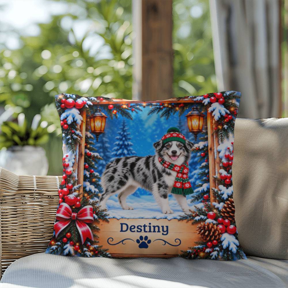 Australian Shepherd (Blue Merle & White Bi Coat) - Personalized Name Pillow, Snowy Forest Dog Gift