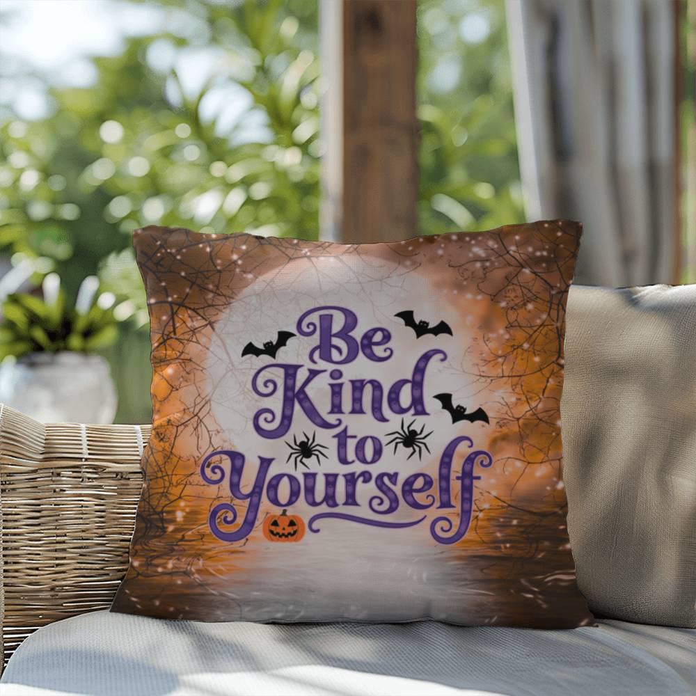 Inspirational Halloween indoor/outdoor pillow featuring “Be Kind To Yourself” for self-care and positivity