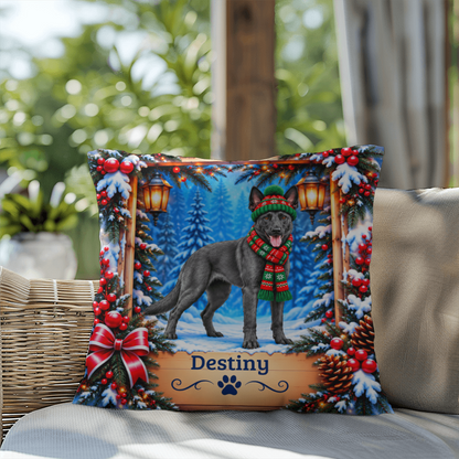 Belgian Malinois (Blue Slate Coat) - Personalized Winter Forest Pillow, Custom Dog Name Gift
