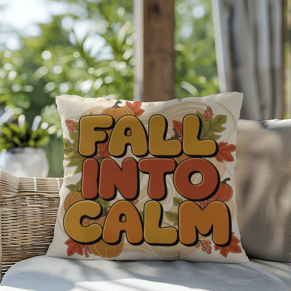 Fall Into Calm throw pillow with autumn gratitude quote, cozy seasonal comfort for Thanksgiving décor