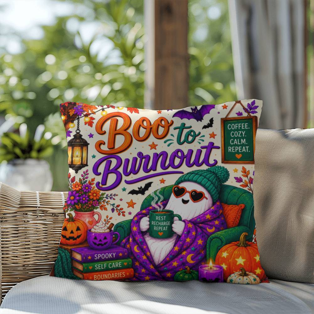 Boo To Burnout Halloween Throw Pillow - Coffee Cozy Calm Repeat Ghost Pillow