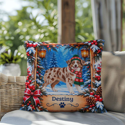 Australian Shepherd (Red Merle & White Bi Coat) - Personalized Dog Pillow, Cozy Woodland Gift