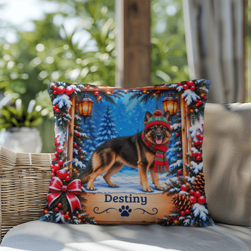 German Shepherd (Bi-Color Coat) - Personalized Winter Lodge Cushion, Custom Dog Name Throw Pillow