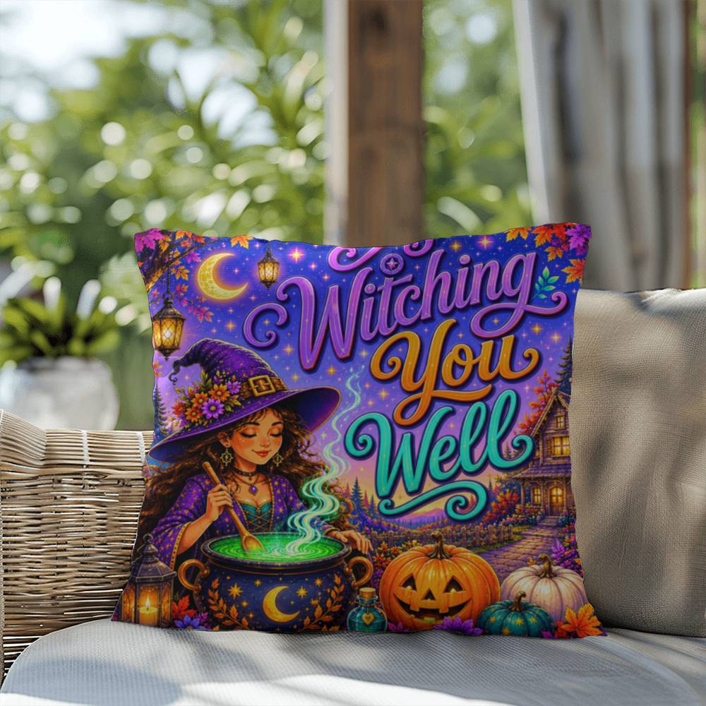 Witching You Well Halloween Throw Pillow - Witch Cauldron Moon Fall Pillow