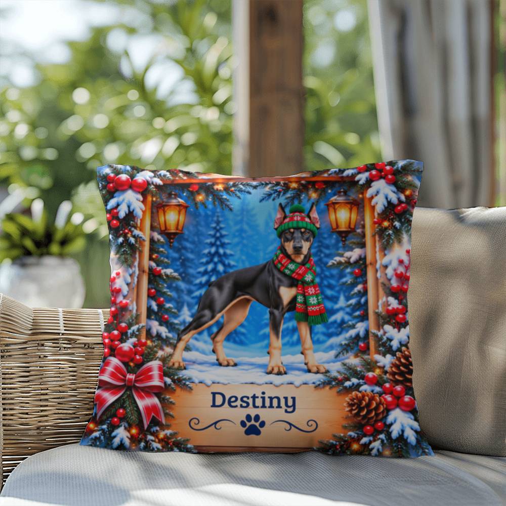 Doberman (Black & Fawn Coat) - Personalized Winter Home Decor, Custom Name Throw Pillow