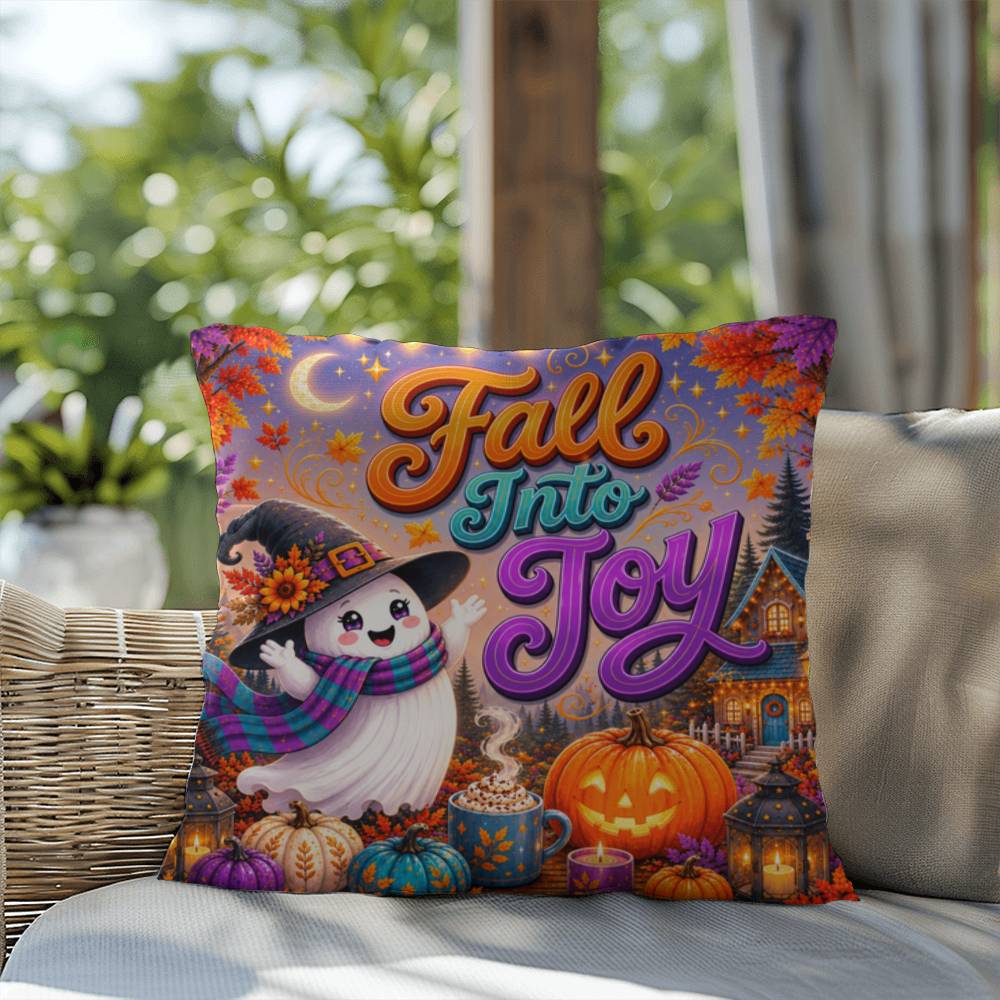 Fall Into Joy Halloween Throw Pillow - Cute Witch Ghost Pumpkin Spice Pillow