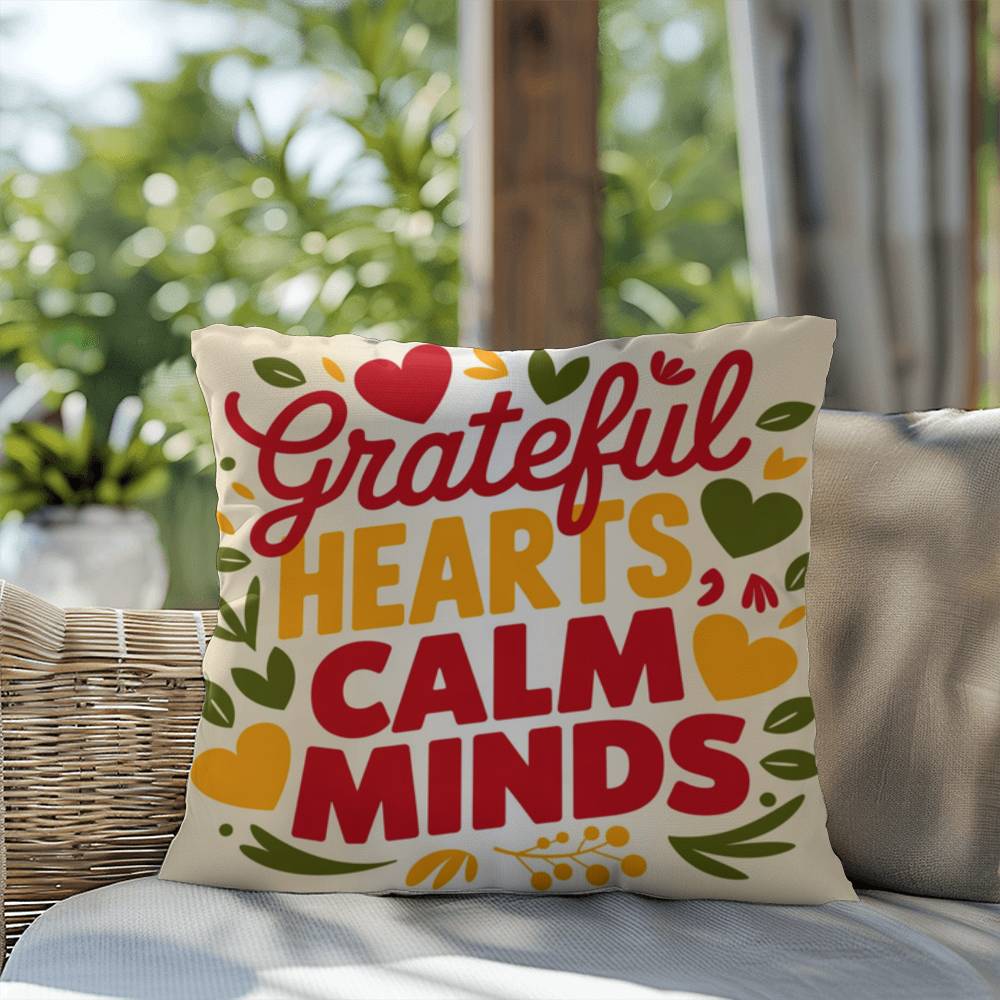 Grateful Hearts, Calm Minds pillow in bright fall tones with Thanksgiving gratitude and mindfulness quote