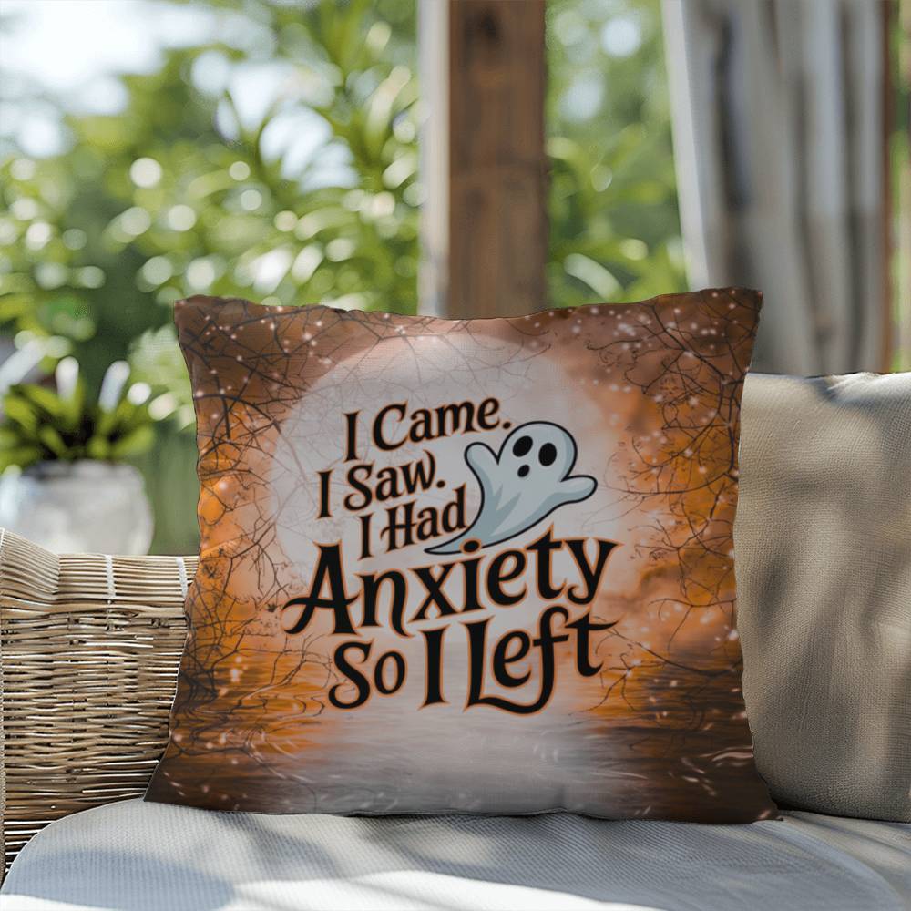 Funny Halloween indoor/outdoor pillow with “I Came. I Saw. I Left.” for seasonal humor