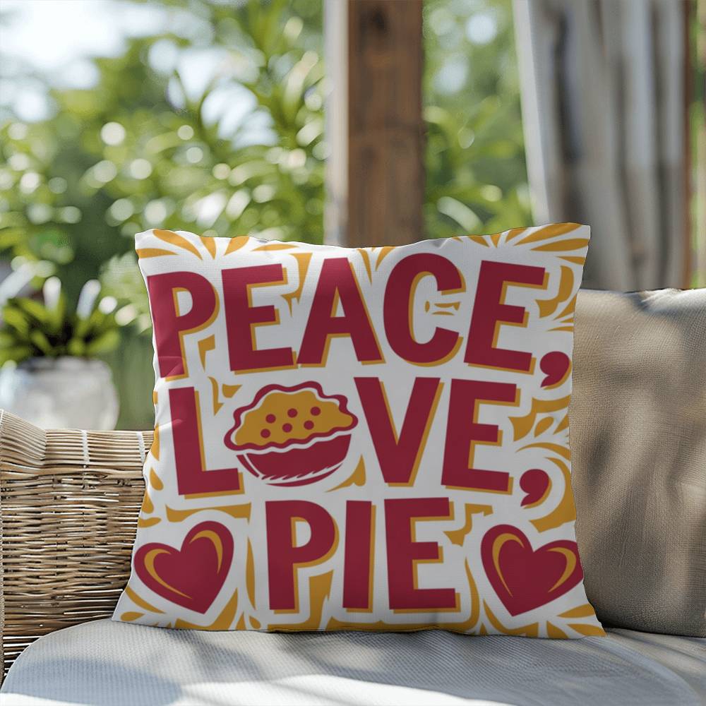 Peace, Love, Pie throw pillow with colorful fall design and mindfulness quote for seasonal comfort