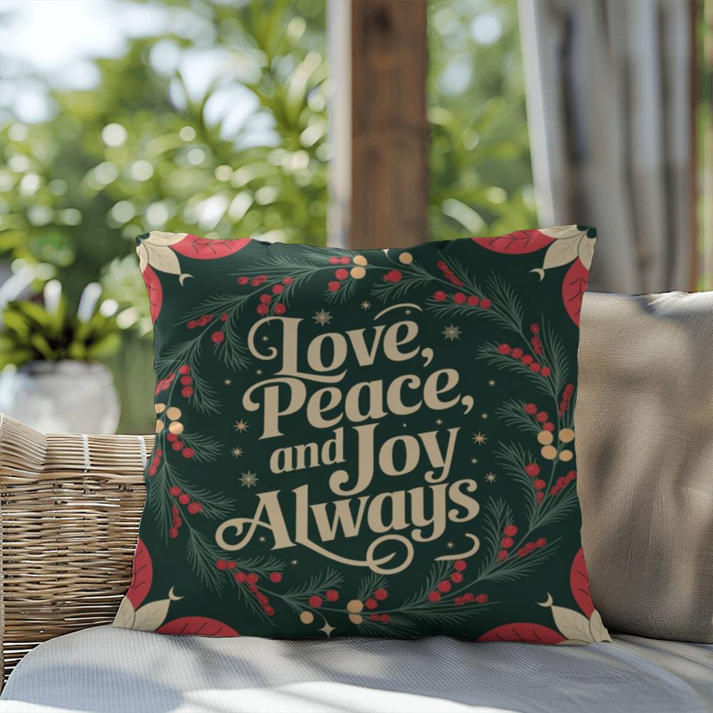 Love, Peace, and Joy Always Throw Pillow - Calm Christmas décor for mindfulness and comfort