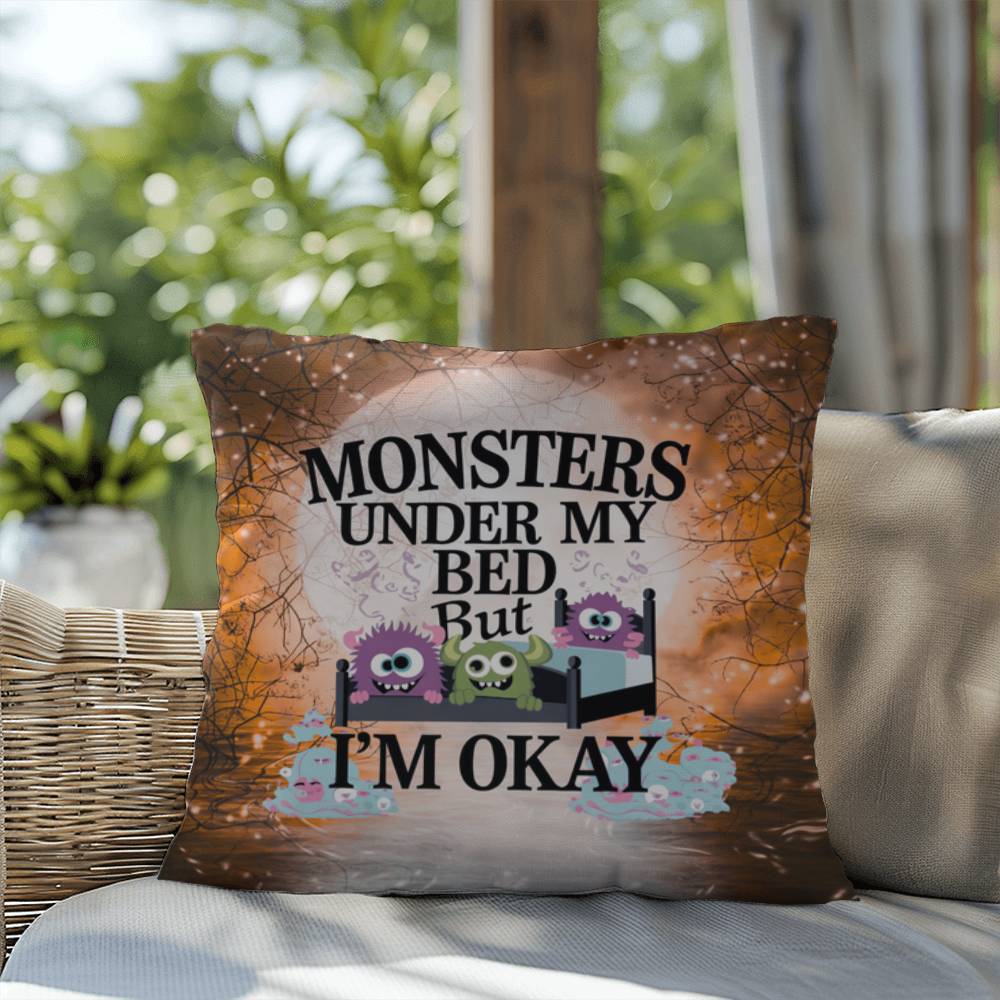 Halloween indoor/outdoor throw pillow with “Monsters Under My Bed” for seasonal fun