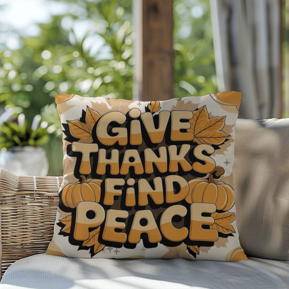 Give Thanks, Find Peace throw pillow with mindful Thanksgiving quote and vibrant autumn décor colors