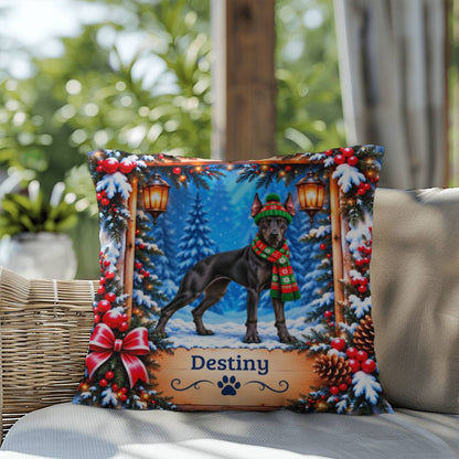 Doberman (Black Coat) - Personalized Snowy Forest Throw Pillow for Doberman Lovers