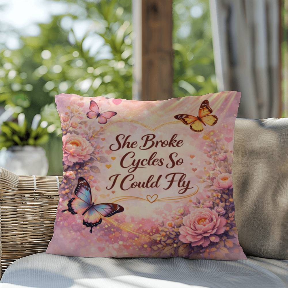 Shop our premium she broke cycles so i could fly throw pillow from MySisterIsASurvivor.