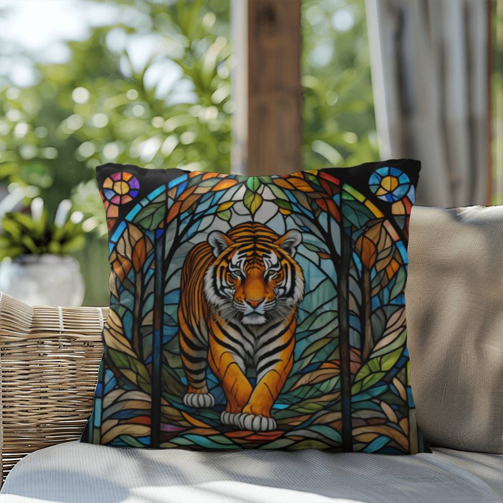 Tiger stained glass throw pillow, jungle wildlife decor, indoor outdoor accent pillow