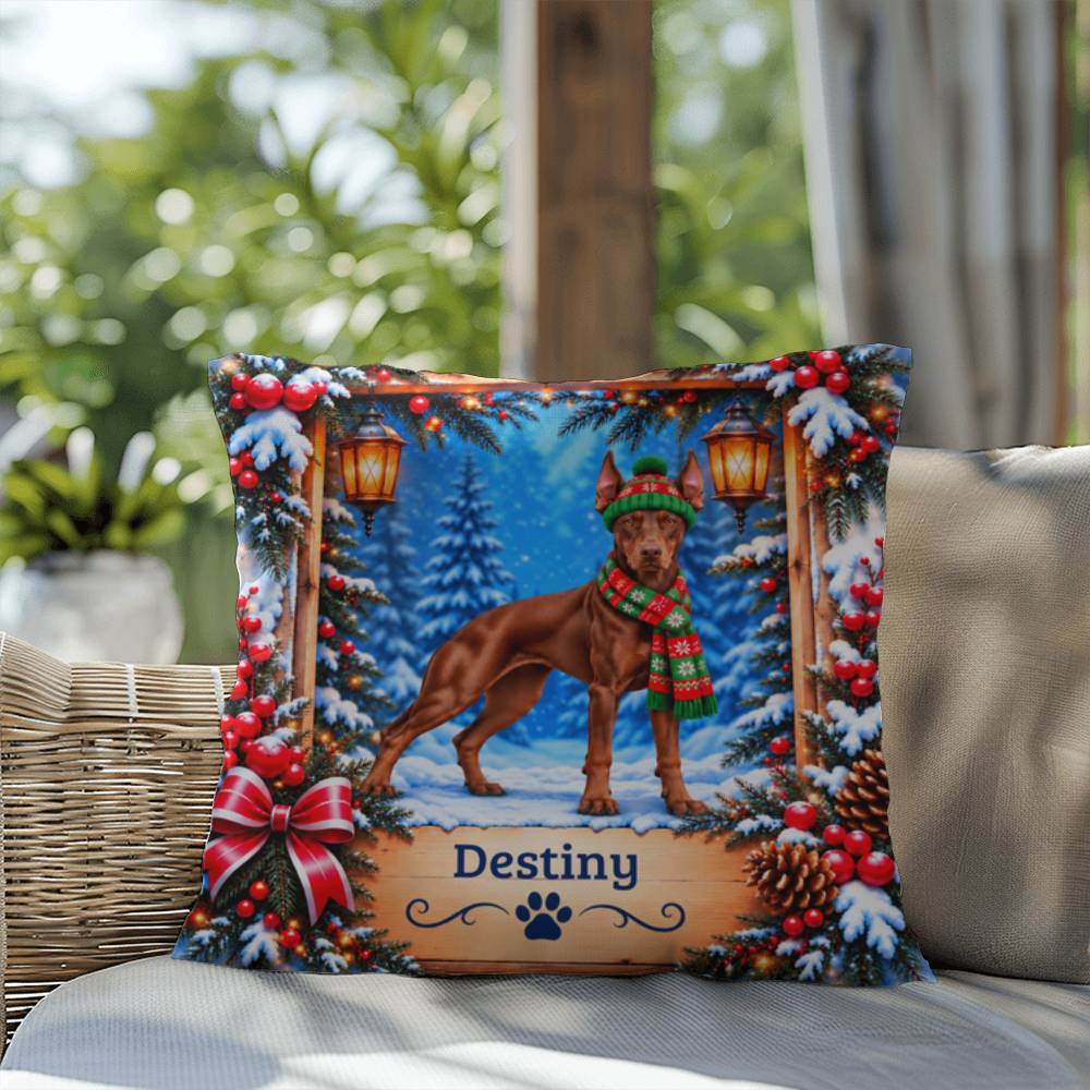 Doberman (Red Coat) - Personalized Cabin Throw Pillow with Your Dog’s Name, Winter Gift