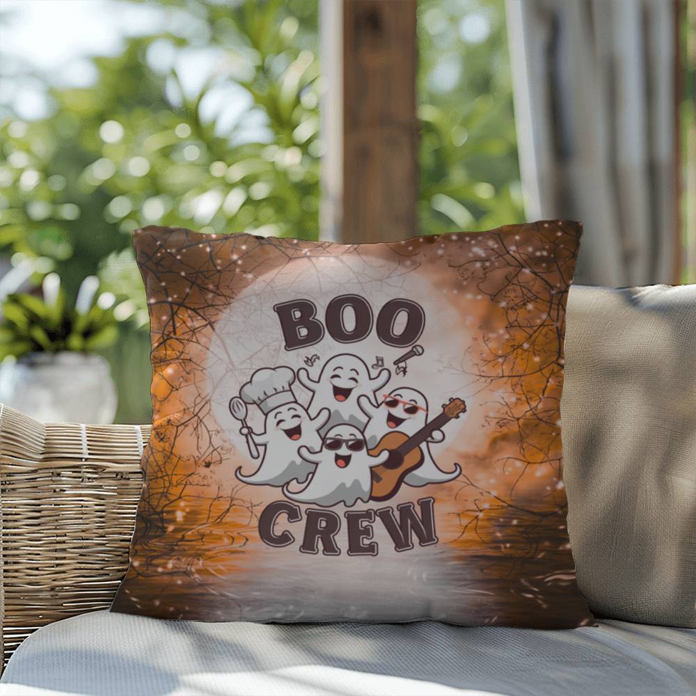 Halloween-themed indoor/outdoor throw pillow with “Boo Crew,” perfect for spooky home décor