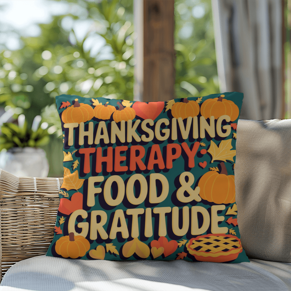 Thanksgiving Therapy: Food & Gratitude throw pillow with mindfulness quote and cozy fall décor