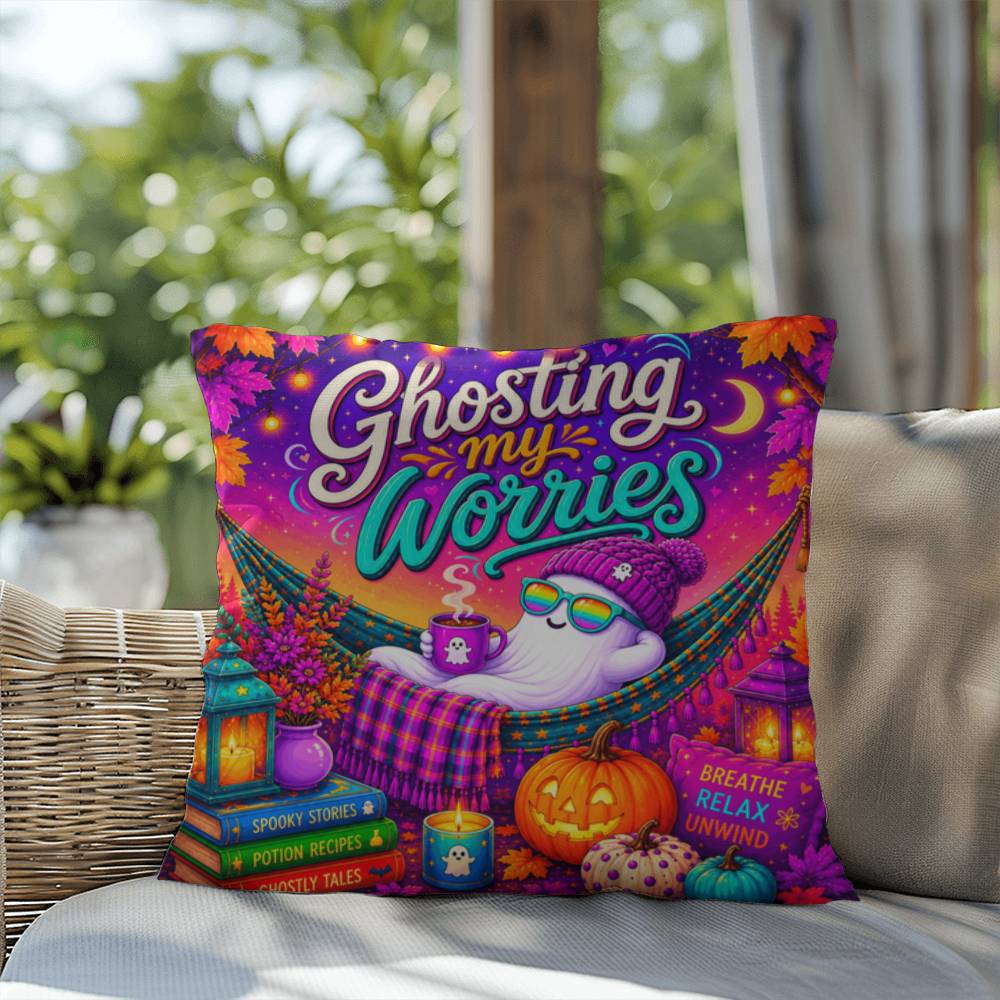 Ghosting My Worries Halloween Throw Pillow - Breathe Relax Unwind Ghost Pillow