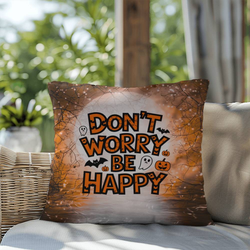 Skeleton-themed Halloween indoor/outdoor pillow with “Don’t Worry Be Happy” for mental health encouragement