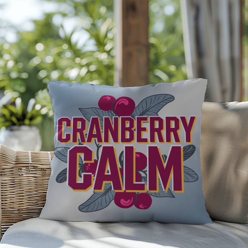 Cranberry Calm throw pillow with peaceful mindfulness quote and seasonal fall home décor accent