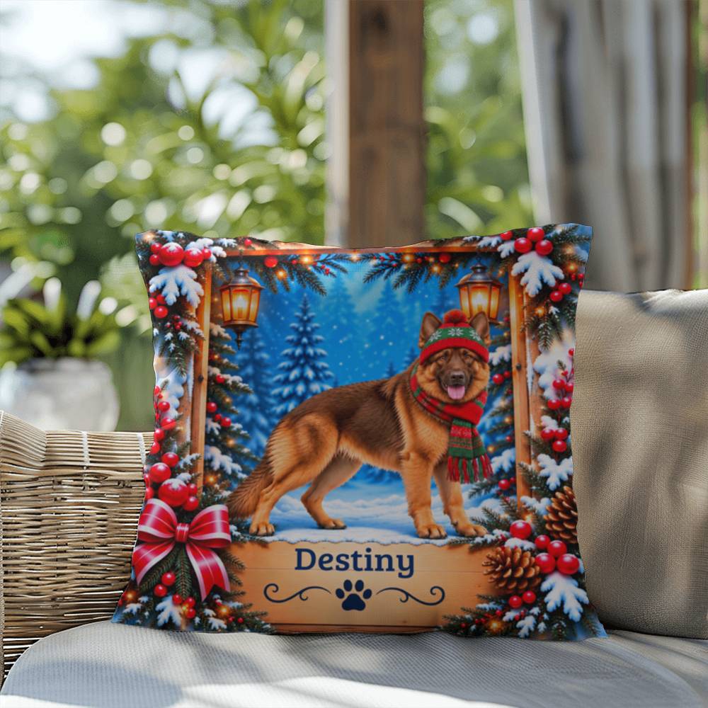 German Shepherd (Liver & Tan Coat) - Personalized Dog Name Pillow, Cozy Woodland Winter Decor