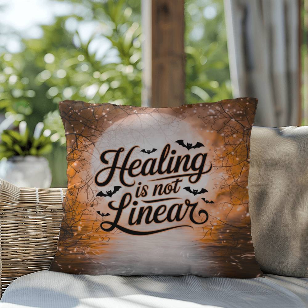 Mental health indoor/outdoor pillow with “Healing Is Not Linear” for self-care and positivity