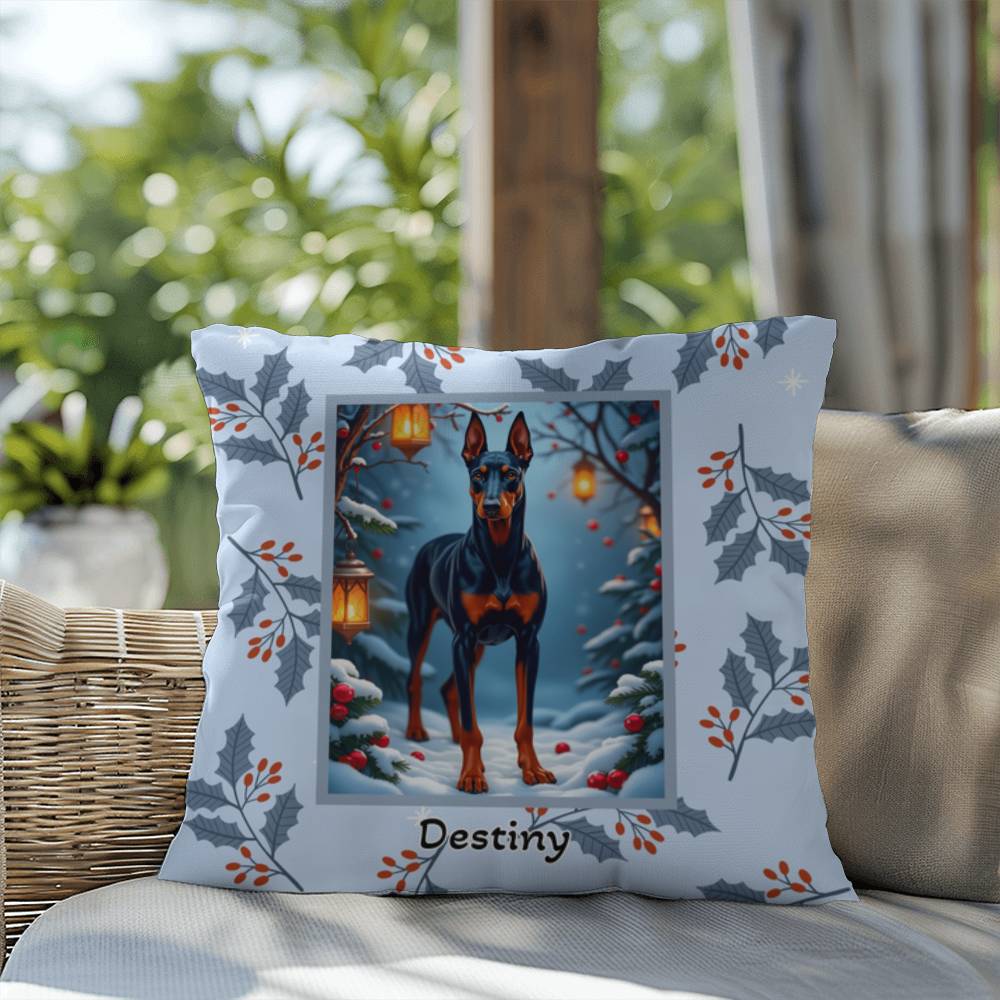 Doberman Blue & Rust Pillow - Festive winter throw pillow, personalized guardian dog home accent, cozy decor