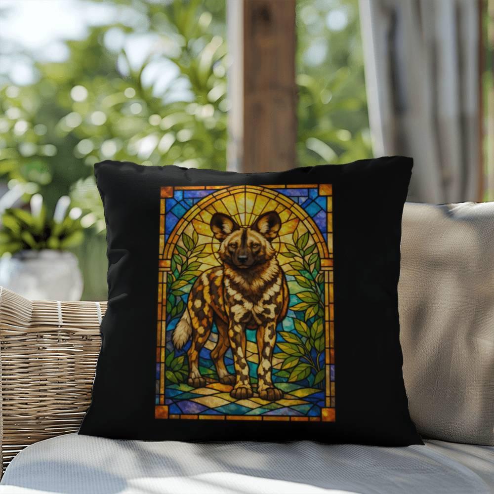 Shop our premium african wild dog stained glass style throw pillow from MySisterIsASurvivor.