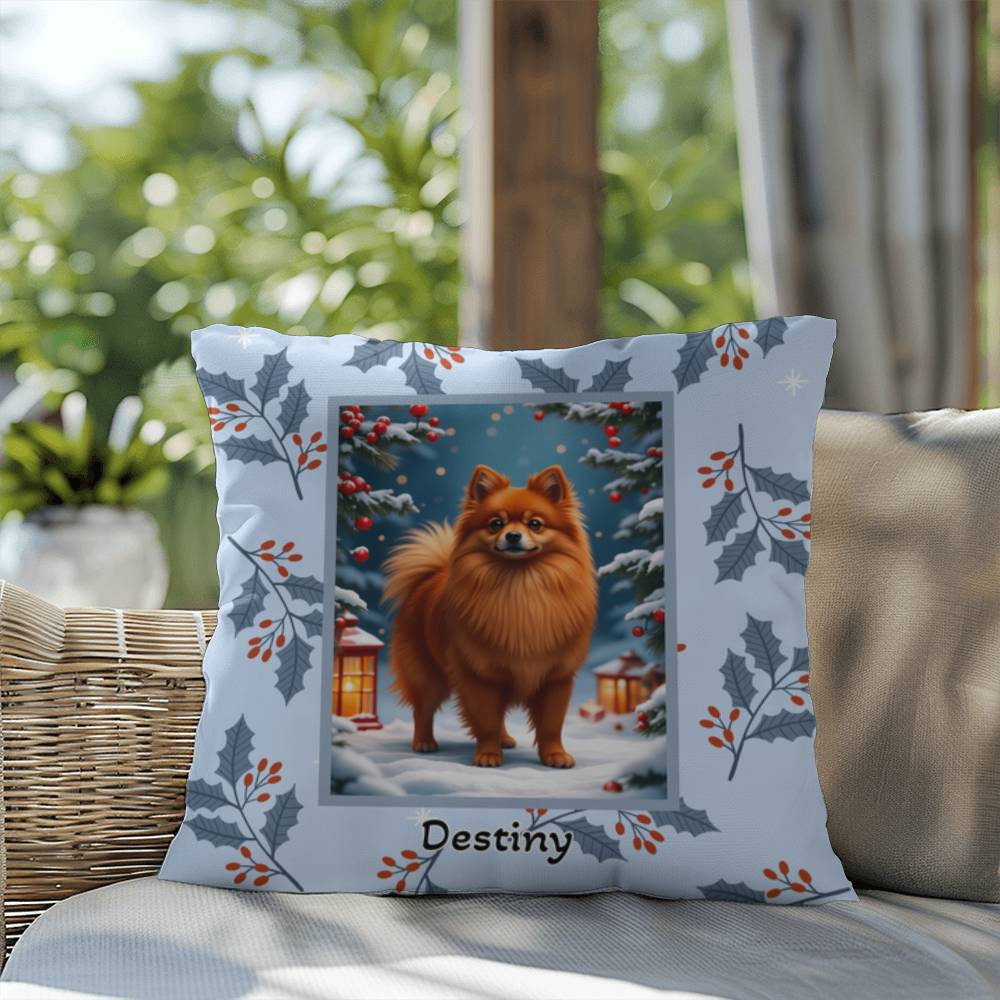 Pomeranian Red Pillow - Winter Pom throw pillow, indoor dog decor, festive home accent