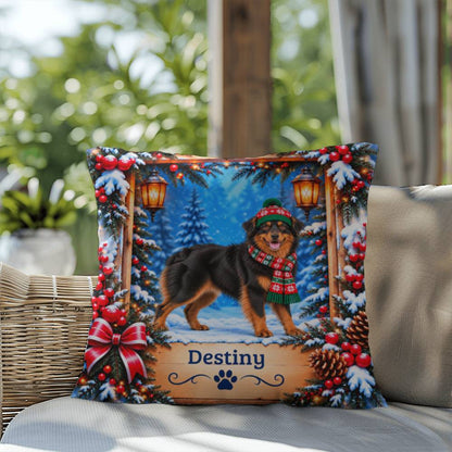 Australian Shepherd (Black & Copper Bi Coat) - Personalized Dog Name Pillow, Rustic Winter Decor
