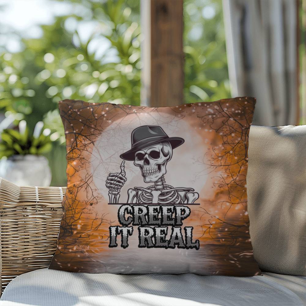 Funny Halloween indoor/outdoor pillow with “Creep It Real” for seasonal humor and décor