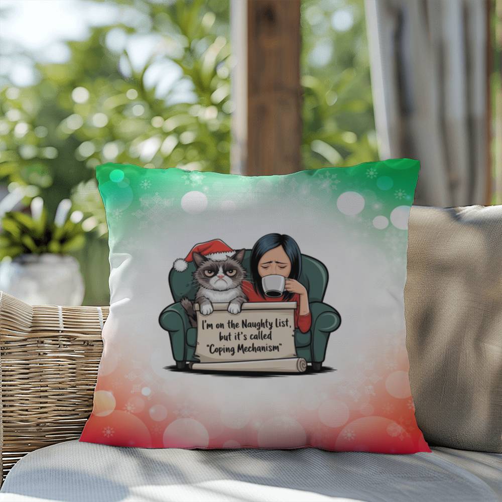 I’m on the Naughty List (Woman and Cat) Throw Pillow - Christmas humor gift pillow for home