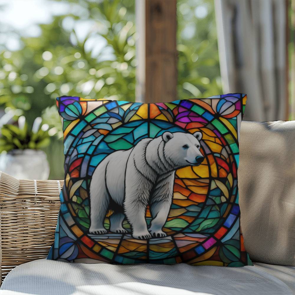 Polar Bear stained glass throw pillow, Arctic wildlife decor, indoor outdoor home accent