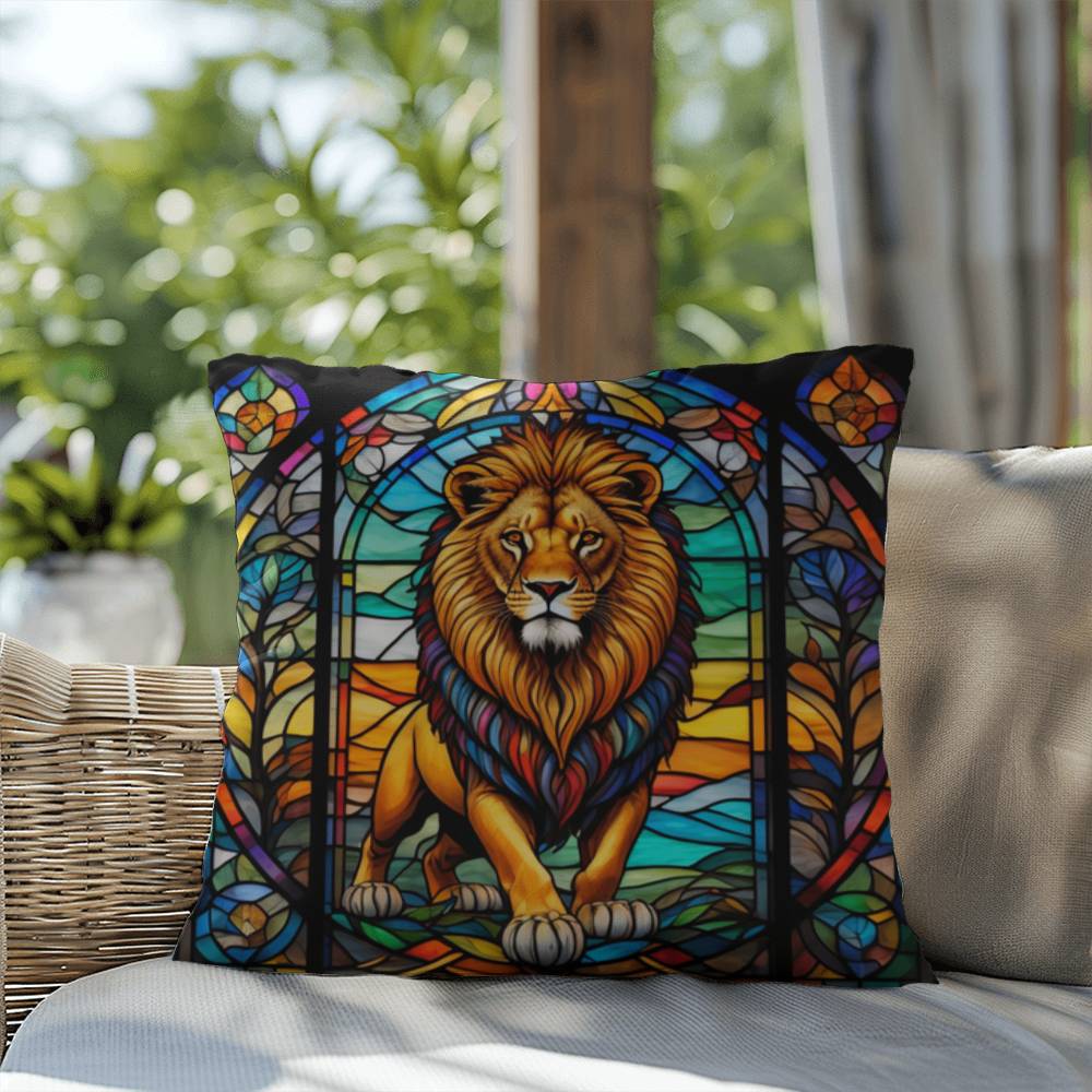 Lion stained glass throw pillow, safari wildlife home decor, indoor outdoor accent cushion