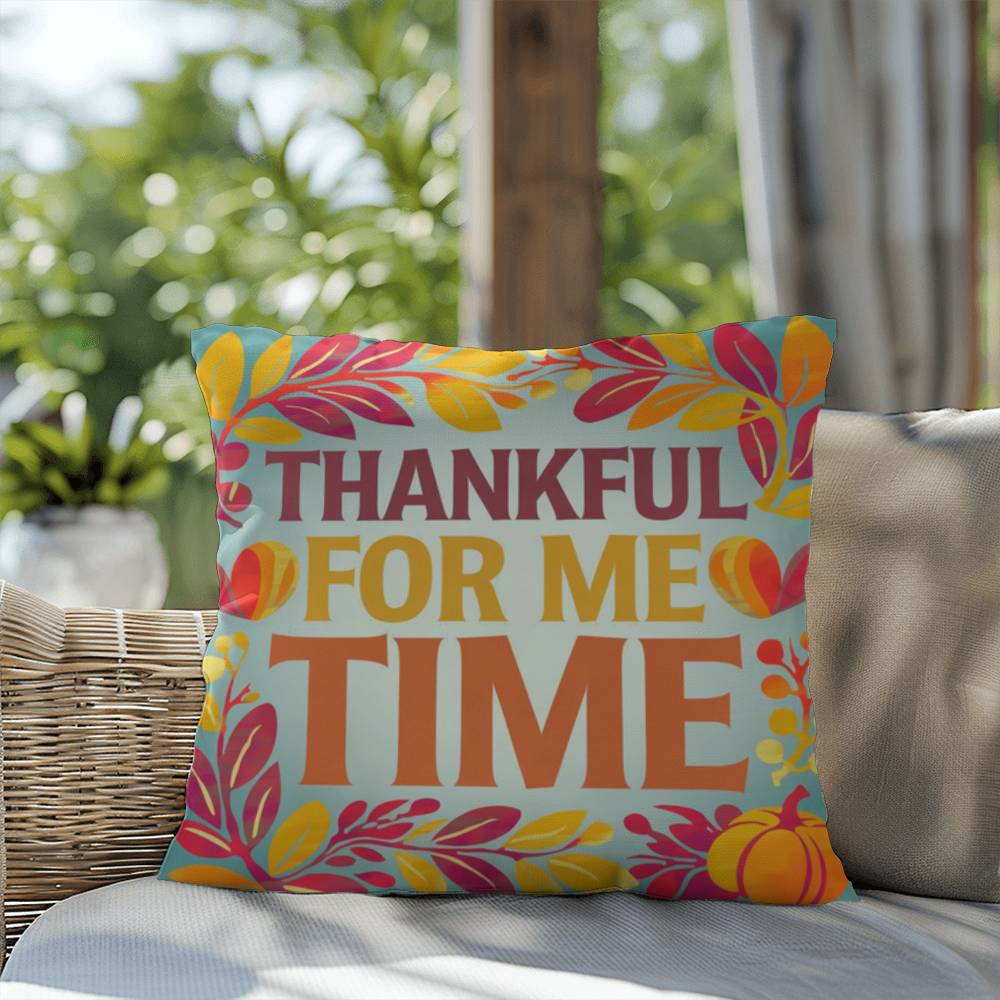 Thankful For Me Time throw pillow with fall mindfulness message and bright cozy home décor