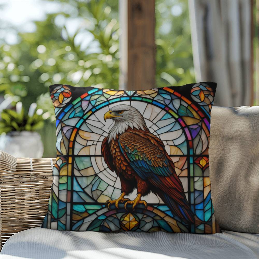 Eagle stained glass throw pillow, birds of prey wildlife decor, indoor outdoor home accent